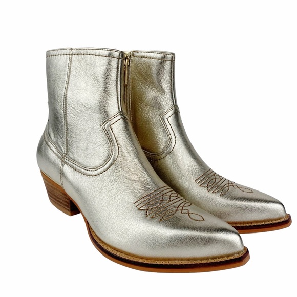 DKNY Laila Cowboy Booties Metallic Gold Platino NEW Leather Pointed Toe Size 7 - Picture 1 of 13